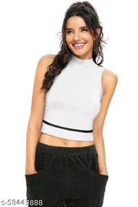 Sleeveless Casual Striped WhitePolyester Blend Crop Top (18"Inches) - L, available