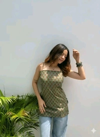 Womens fancy digital ajrakh printed stylish sleevless and backless short kurti for jeans