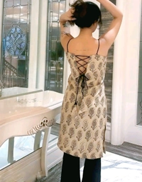 Womens ajrakh printed Beige modern stylish backless dori pettern short kurti for jeaas