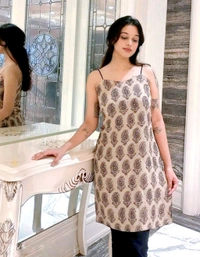 Womens ajrakh printed Beige modern stylish backless dori pettern short kurti for jeaas