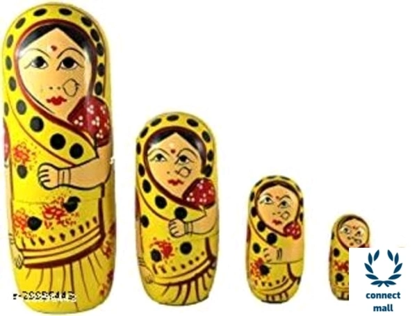 Tradational Hand Painted Wooden Rajasthani Doll 10 Inches Set Of 4 Green Colour Showpiece For Living Room Home Decor!! - 1.5 inch × 8 inch × 1.5inch, Orange, Wooden