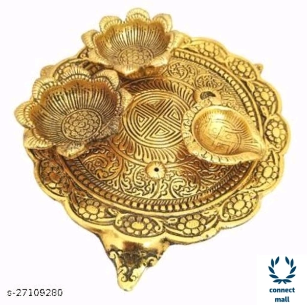 Pooja Thali With 3 DiyasFor Home Temple Office Fabolus Idols - Golden Yellow, Metal