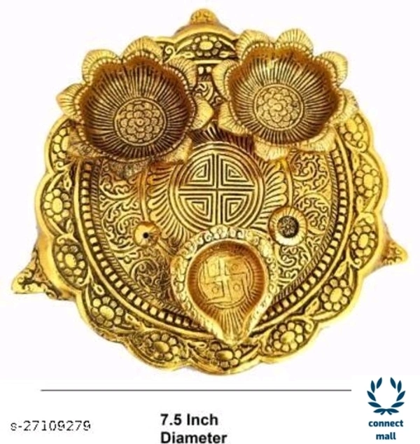 Pooja Thali With 3 DiyasFor Home Temple Office Fabolus Idols - Golden Yellow, Metal