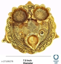 Pooja Thali With 3 DiyasFor Home Temple Office Fabolus Idols - Golden Yellow, Metal