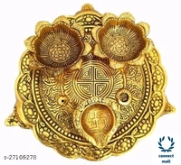 Pooja Thali With 3 DiyasFor Home Temple Office Fabolus Idols - Golden Yellow, Metal