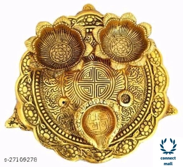 Pooja Thali With 3 DiyasFor Home Temple Office Fabolus Idols - Golden Yellow, Metal