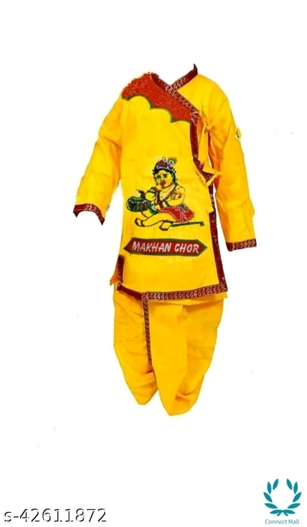 Kids Cotton Fabric Dhoti Kurti Ready To Wear Krishna Costume Without Duppatta For The Age 0 To 16 Yrs Children With Jewellery Set Of 9 - 6-9months, Yellow, Cotton