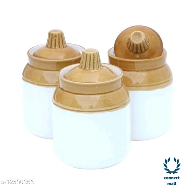 Pure Ceramic Pickle Jar & Container With Lid Set Of 3 For Kitchen / Tableware - 8cm× 8cm × 12cm, White, Ceramic