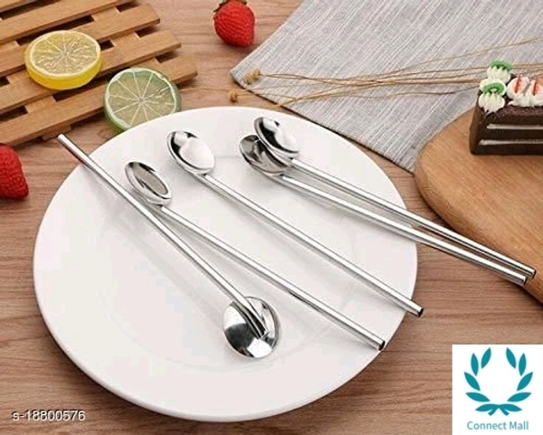 Stainless Steel Straw With Spoon & Cleaning Brush - Set 4
