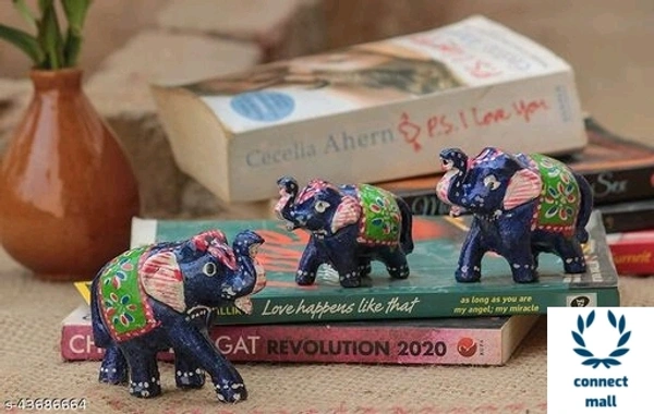 Elephant showpiece 3pieces - Green & Black, Metal, 10