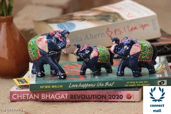 Elephant showpiece 3pieces - Green & Black, Metal, 10