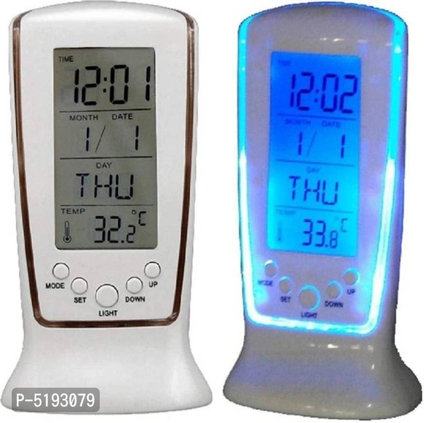 Digital Alarm Clock - Snooze Time - Calendar - Table Desk - LCD Display - Back Light - Electronic with Temperature - 12.5 X 6.5 X 5.5 (White, Plastic, Pack of 1 Pcs)