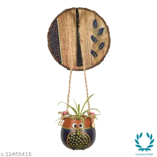 Blue Brown Earthen Planter On Round Wooden Hook - Terracotta, 1 Pc