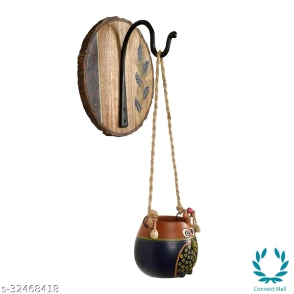 Blue Brown Earthen Planter On Round Wooden Hook - Terracotta, 1 Pc