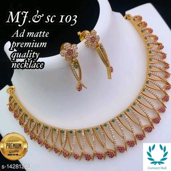 The Wardrobe Exquisite Gold Plated Pink cubic Zirconia Ad Stone collar Bone Non Adjustable Necklace Set with Earing for Party / Jewellery set for Women