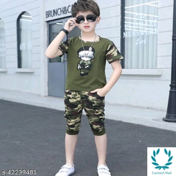 Hopscotch Boys Poly Cotton and Polyester Como Printed T-Shirt and Short Capri in Green Color - 8 - 9 Years