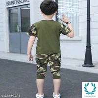Hopscotch Boys Poly Cotton and Polyester Como Printed T-Shirt and Short Capri in Green Color - 10 - 11 Years