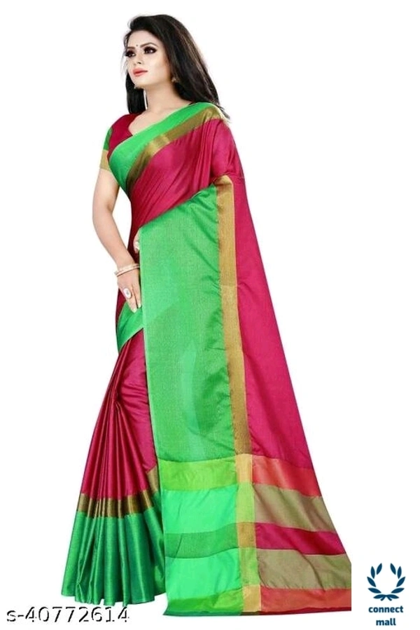 Solid Cotton Silk Sarees With Blouse Piece - Green & Black, Cotton silk, 3