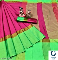 Solid Cotton Silk Sarees With Blouse Piece - Green & Black, Cotton silk, 3