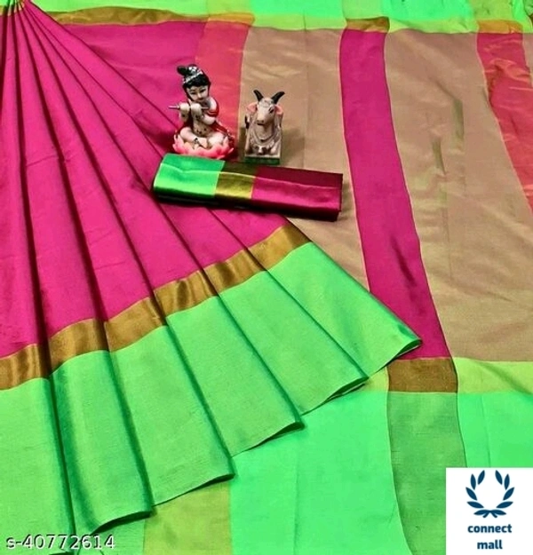 Solid Cotton Silk Sarees With Blouse Piece - Green & Black, Cotton silk, 3