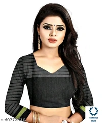 Solid Cotton Silk Sarees With Blouse Piece - Green & Black, Cotton silk, 3