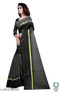 Solid Cotton Silk Sarees With Blouse Piece - Green & Black, Cotton silk, 3