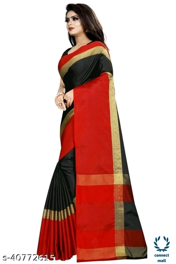 Solid Cotton Silk Sarees With Blouse Piece - Black & Red Colour, Cotton Silk, 3