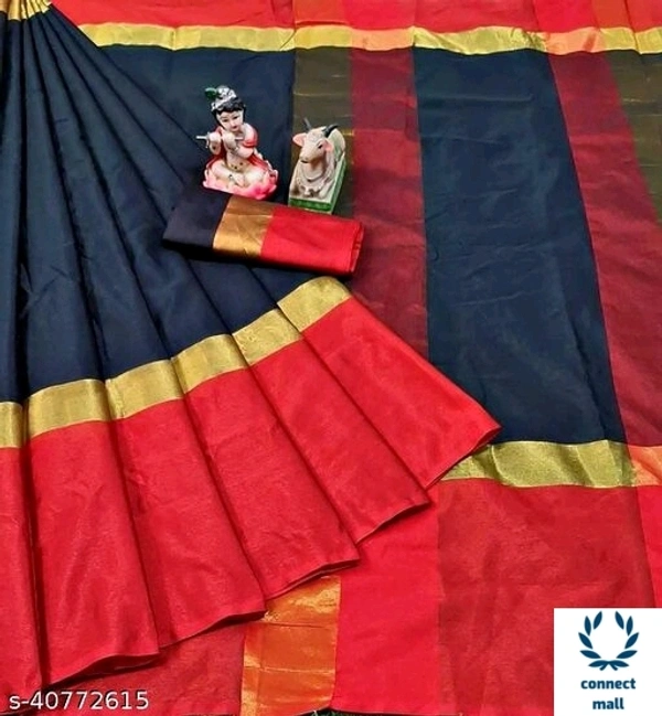 Solid Cotton Silk Sarees With Blouse Piece - Black & Red Colour, Cotton Silk, 3