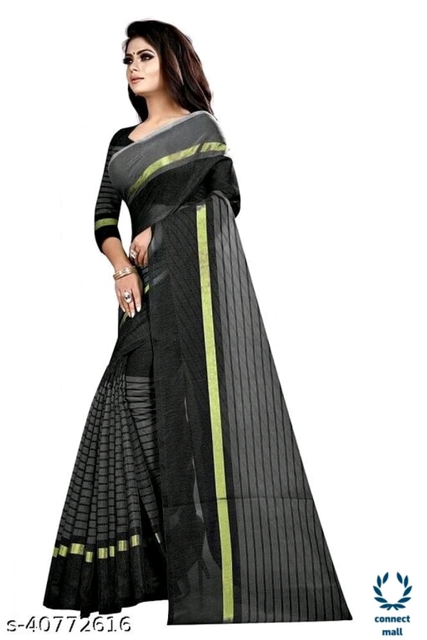 Solid Cotton Silk Sarees With Blouse Piece - Black & Gray, Cotton Silk, 3