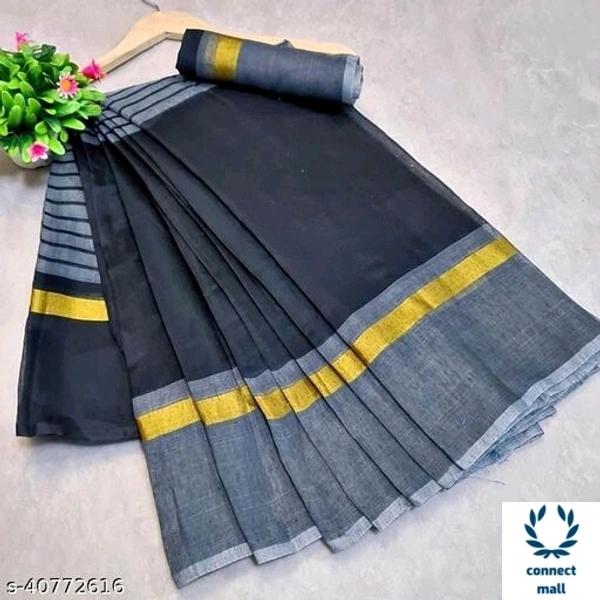 Solid Cotton Silk Sarees With Blouse Piece - Black & Gray, Cotton Silk, 3