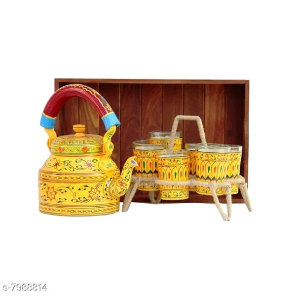 Rajasthani Traditional Jaipuri Meenakri Handpaint Aluminum Decorative Tea kettle for Serve - 1 Litre, Orange