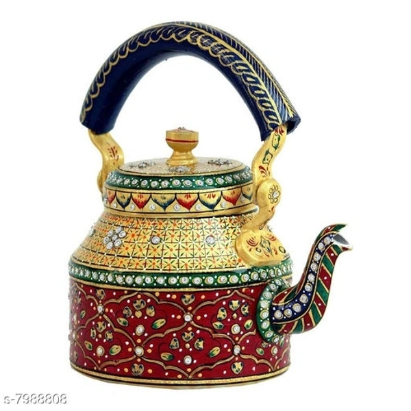 Rajasthani Traditional Jaipuri Meenakri Handpaint Aluminum Decorative Tea kettle for Serve - 1 litre, Red & Yellow