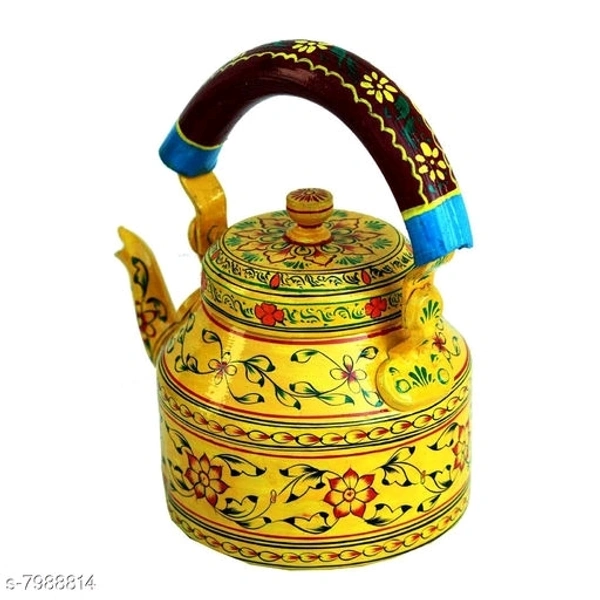 Rajasthani Traditional Jaipuri Meenakri Handpaint Aluminum Decorative Tea kettle for Serve - 1 litre, Red & Yellow