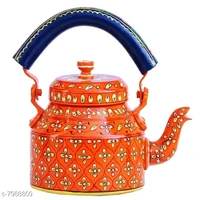 Rajasthani Traditional Jaipuri Meenakri Handpaint Aluminum Decorative Tea kettle for Serve - 1 Litre, Orange