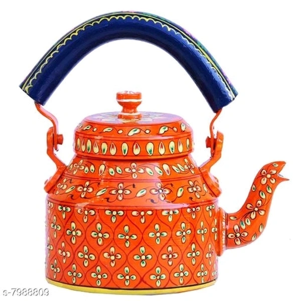 Rajasthani Traditional Jaipuri Meenakri Handpaint Aluminum Decorative Tea kettle for Serve - 1 Litre, Orange