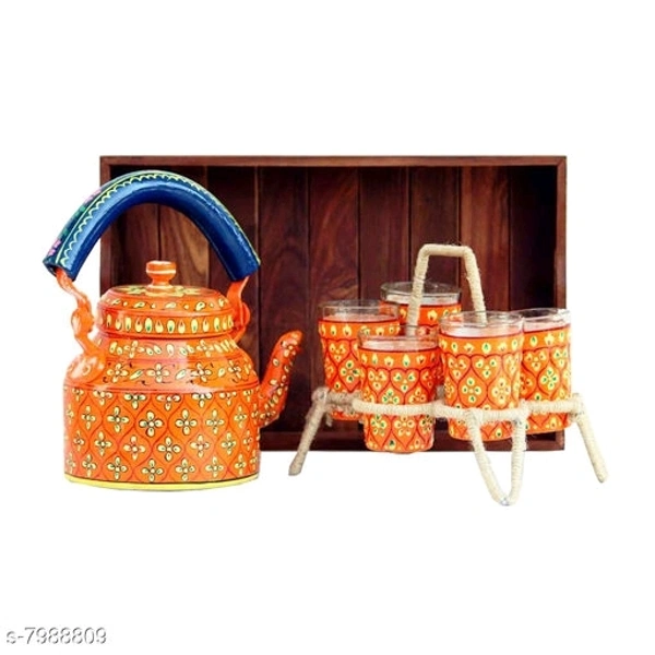 Rajasthani Traditional Jaipuri Meenakri Handpaint Aluminum Decorative Tea kettle for Serve - 1 Litre, Orange