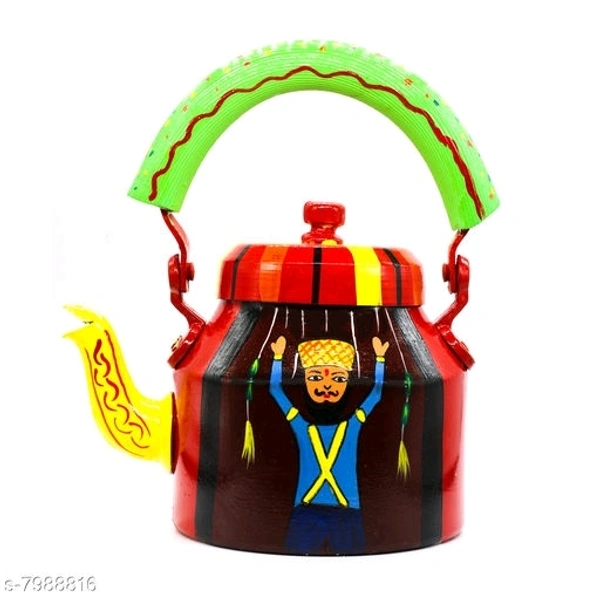 Rajasthani Traditional Jaipuri Meenakri Handpaint Aluminum Decorative Tea kettle for Serve - 1 litre, Red & Yellow