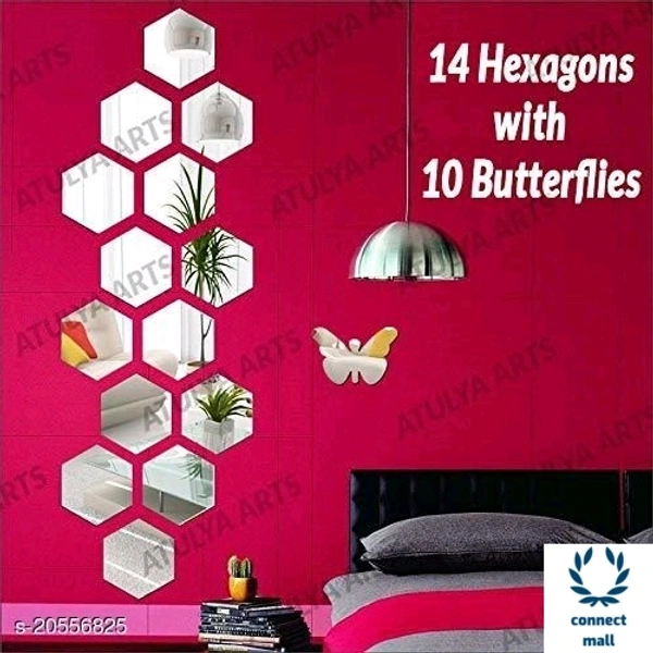 Atulya Arts 3D silver Hexagon Decorative Acrylic Mirror Wall Sticker Pack of 14 With 10 Butterfly Sticker - Marroon