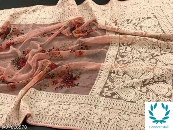 Lucknowi Heavy Chikankari On Printed Saree With Blouse - Gray