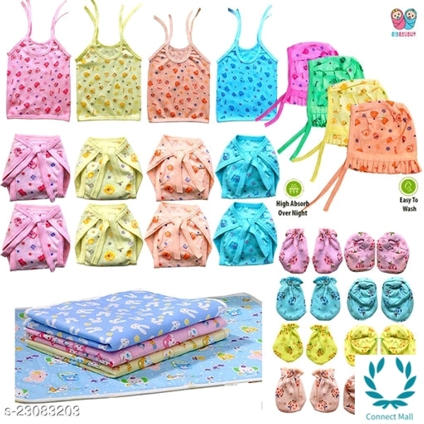 New Born Baby Care Cloth Set Combo (Set of 28, 4Jhabla, 8Nappy, 8Mittens,4Cap Hosiery Material and 4 Plastic mat, Random Print