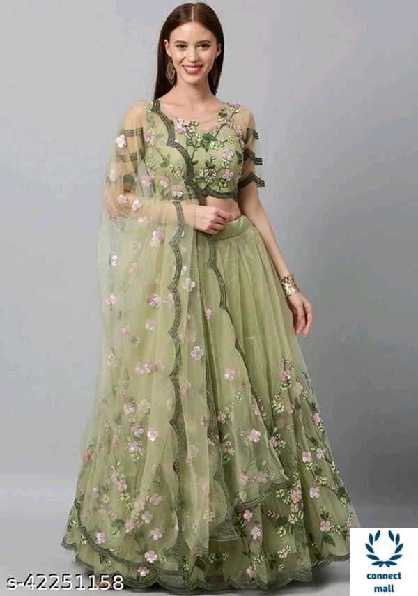 Agam Graceful Chain-Stiche Work Soft Net Lahenga - Bottle Green, Soft Net, 3, Un Stiched