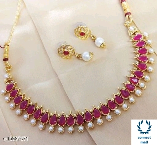 Baby Pink Cubic Zirconia Pearl Crystal Gold Plated Adjustzble Necklace set with Earrings For Women - Rose Pink, 1 set