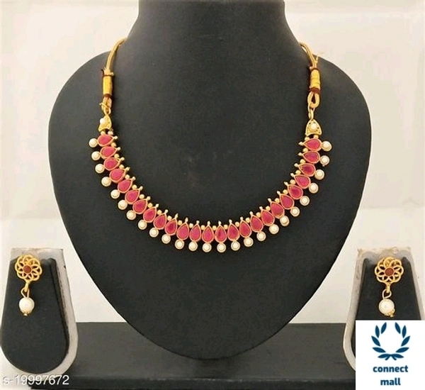 Baby Pink Cubic Zirconia Pearl Crystal Gold Plated Adjustzble Necklace set with Earrings For Women - Rose Pink, 1 set