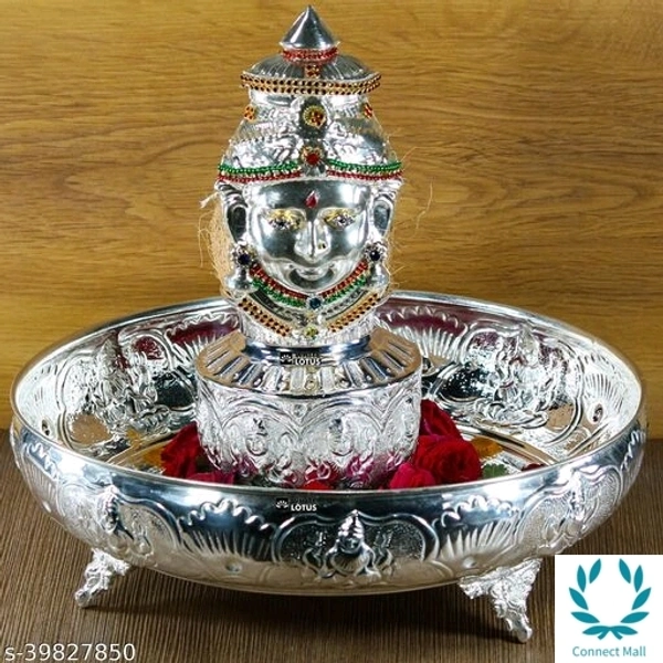 German Sliver Platter 12inch With Kalash & Lord Kakshmi Mukhuta - German Silver