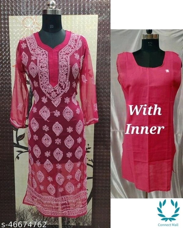 Chikankari Chifon Kurti With Inner Set - Red, L