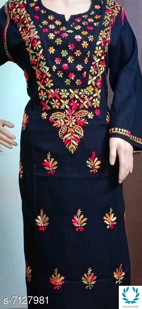 Chikankari Cotton Kurti Long Sleeves - Black, XXL