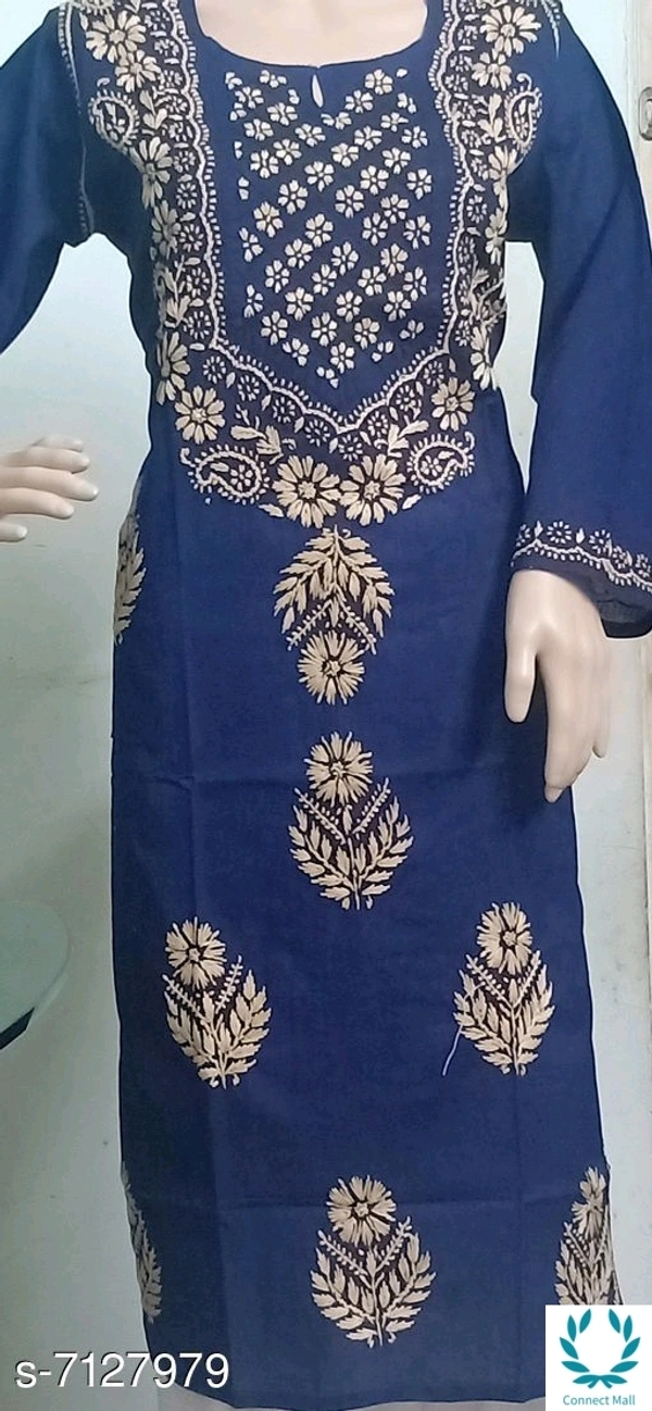 Chikankari Cotton Kurti Long Sleeves - Blue, XXL