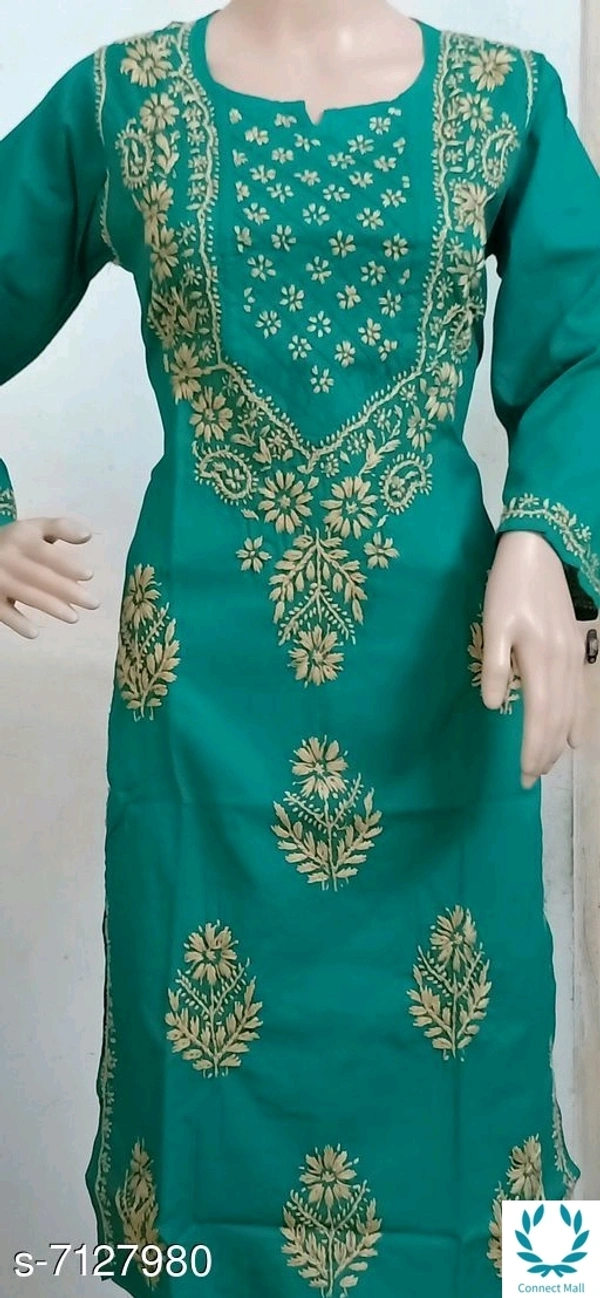 Chikankari Cotton Kurti Long Sleeves - Green, XXL