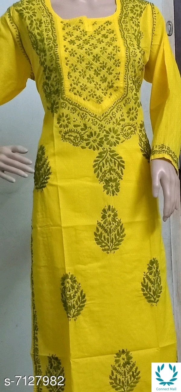 Chikankari Cotton Kurti Long Sleeves - Yellow, L
