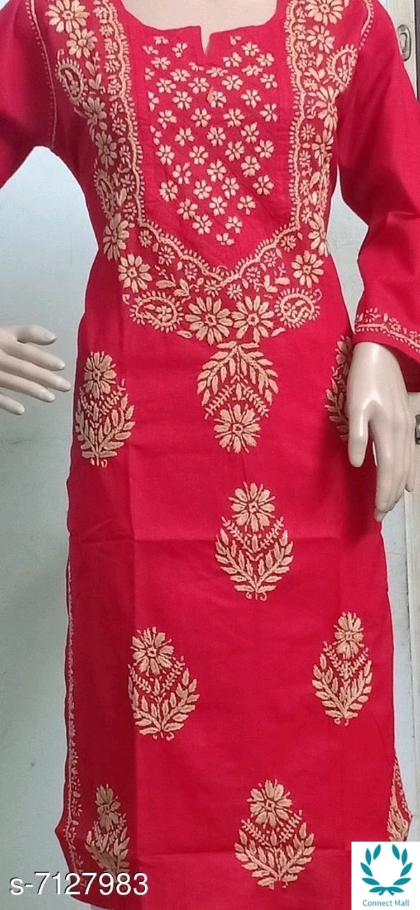 Chikankari Cotton Kurti Long Sleeves - Red, XL
